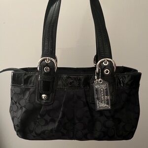 Coach Black Signature Jacquard Shoulder Bag with Patent Trim